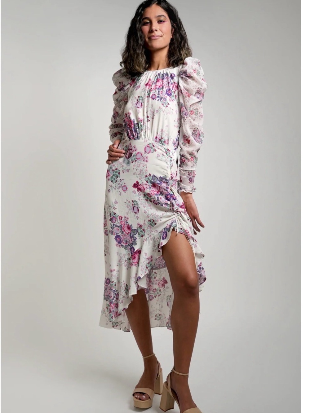 For Love & Lemons White Midi w/ Pink & Purple Floral Print Ruching & Open Back S